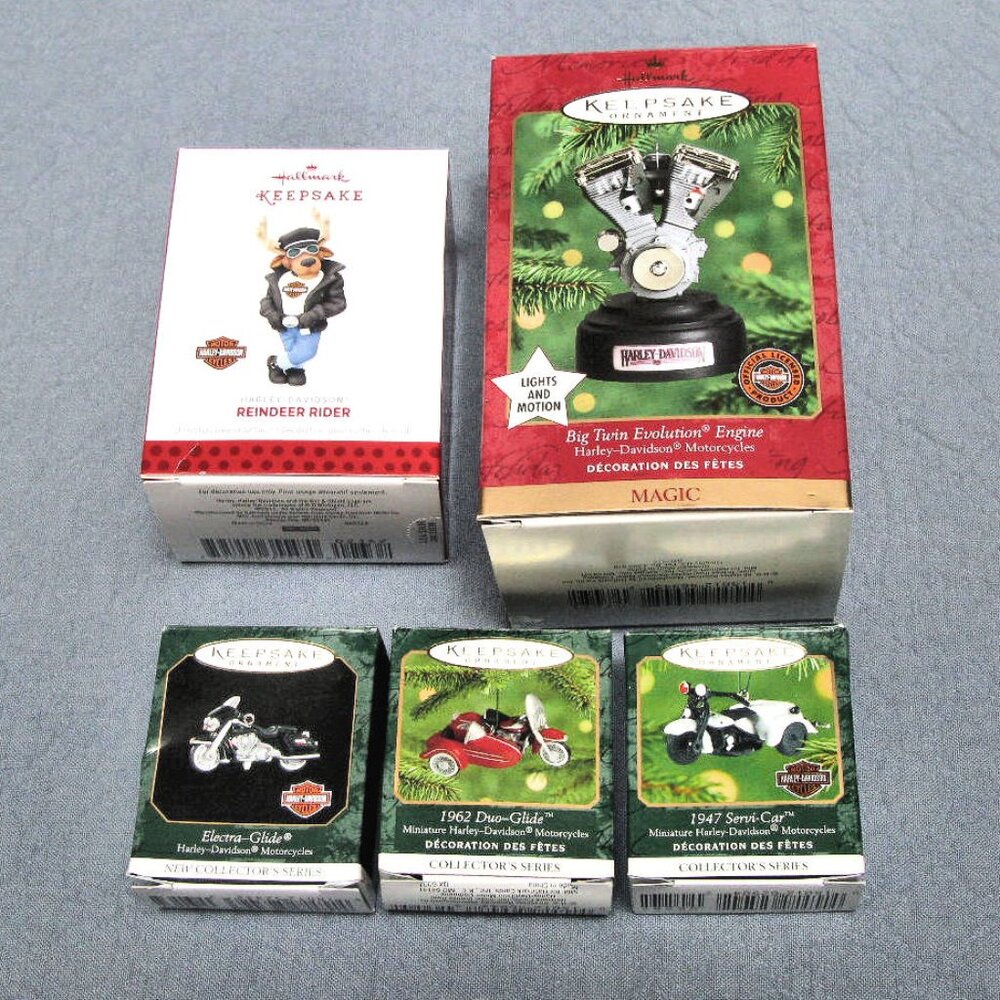 HARLEY HALLMARK,  BIG TWIN, REINDEER RIDER, 3 MINI BIKES ORNAMENTS